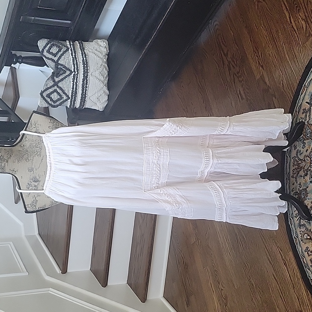 Free People Hi Lo Midi Dress L Pale Pink with Pockets Tiered Embroidered